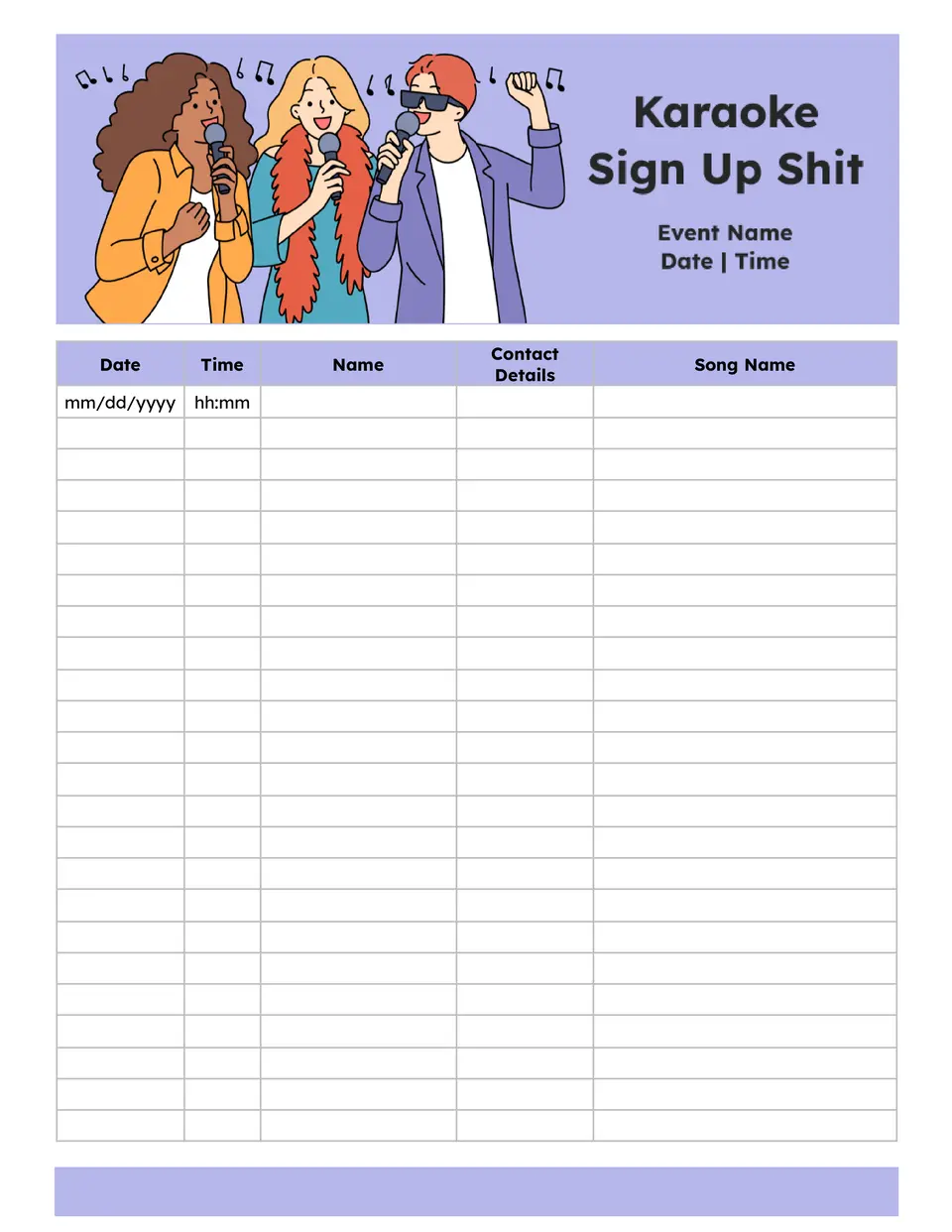 free karaoke sign up sheet template for google docs